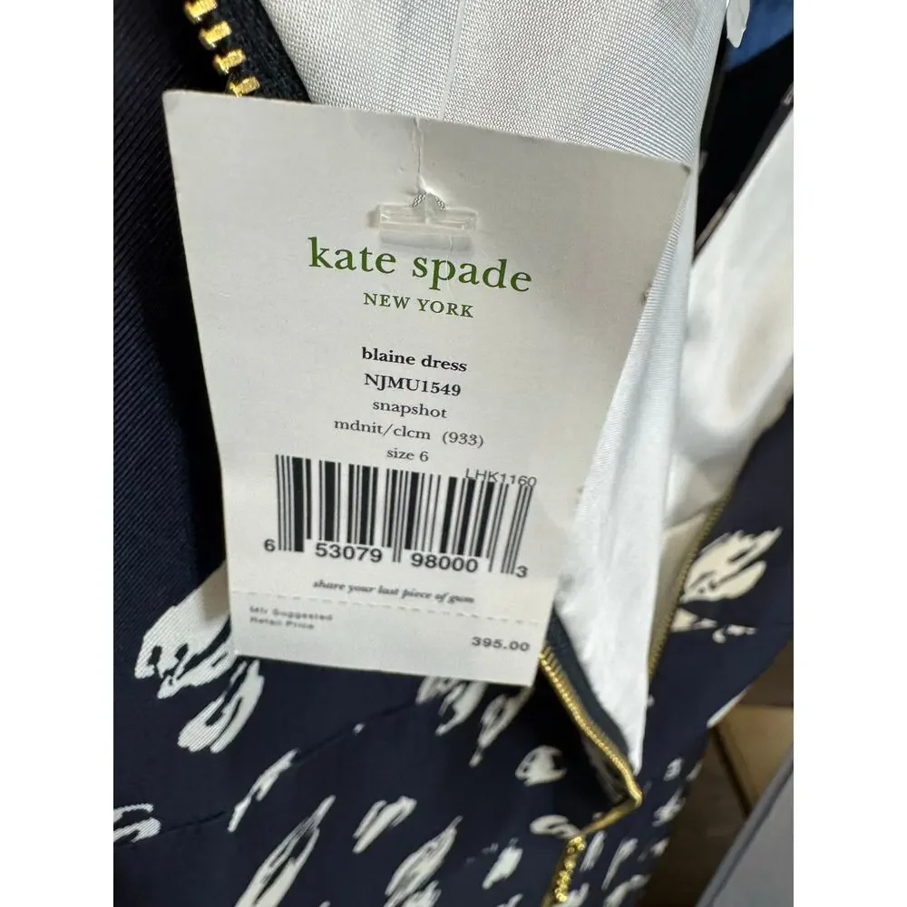 Kate Spade Blue Doodled Polka Dots Silk Bow Waist Blaine Dress women's 6 New